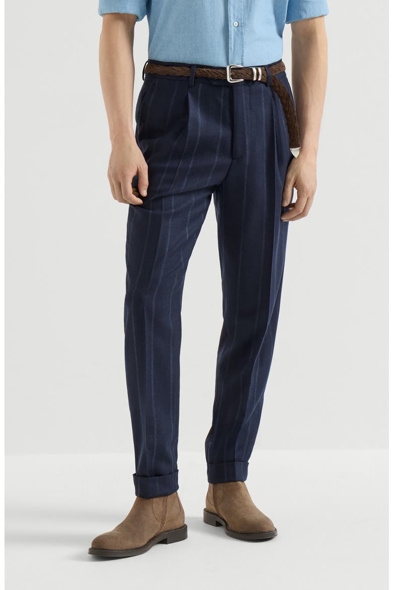 Cashmere and virgin wool multistripe twill trousers with pleat, Main, color, Navy Blue