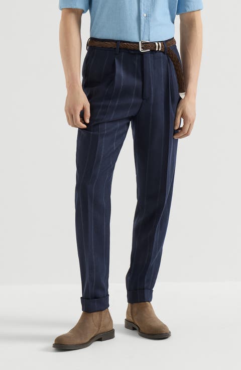 Cashmere and virgin wool multistripe twill trousers with pleat