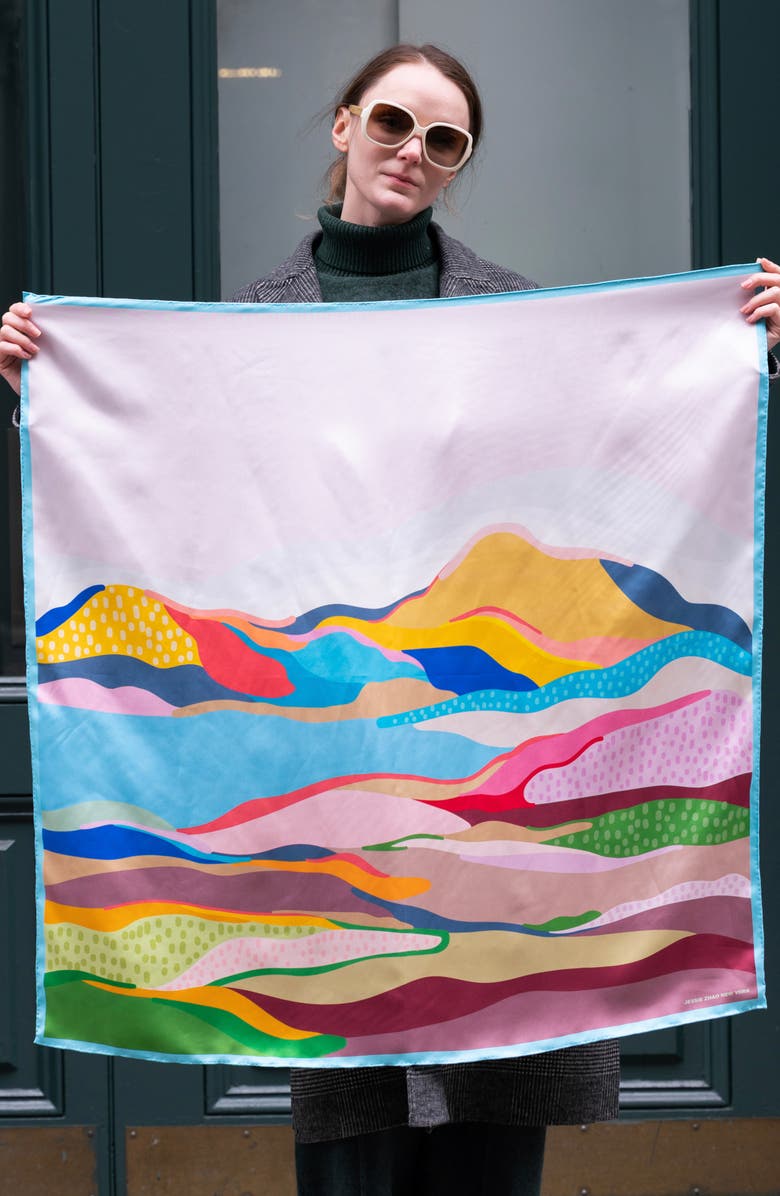 Jessie Zhao New York Double Sided Silk Scarf Of Ocean Breeze, Alternate, color, Blue