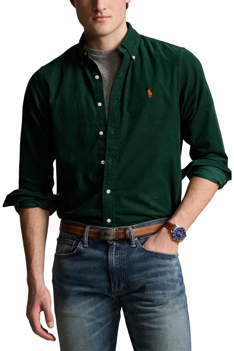 Solid Corduroy Button-Down Shirt, Main, color, VINTAGE PINE