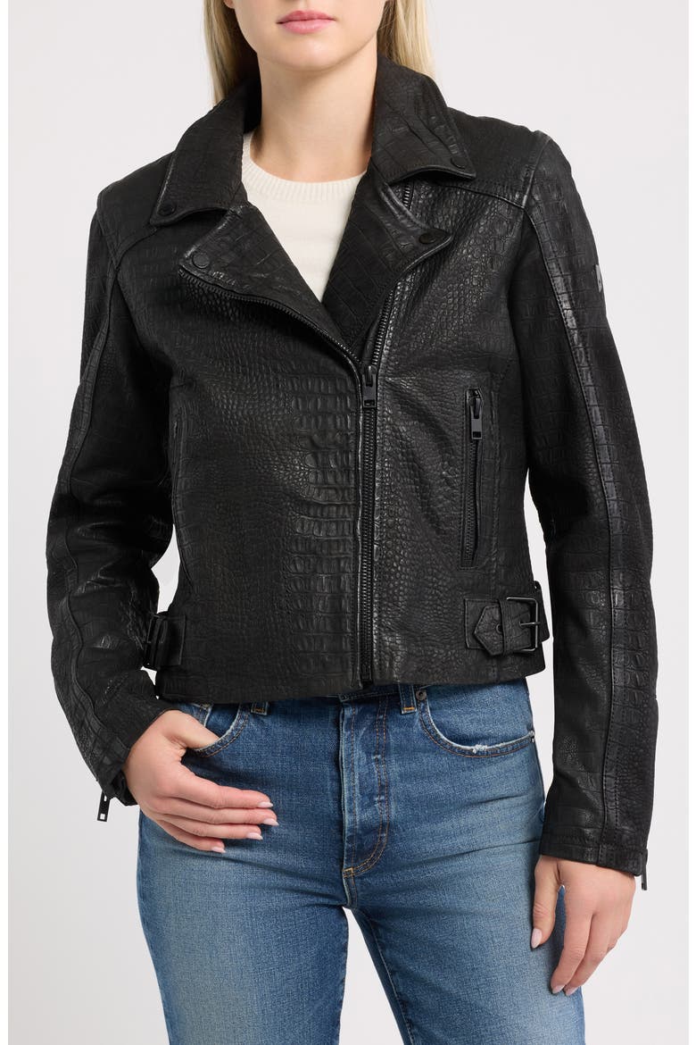 Dilah Croc Embossed Leather Biker Jacket, Alternate, color, BLACK