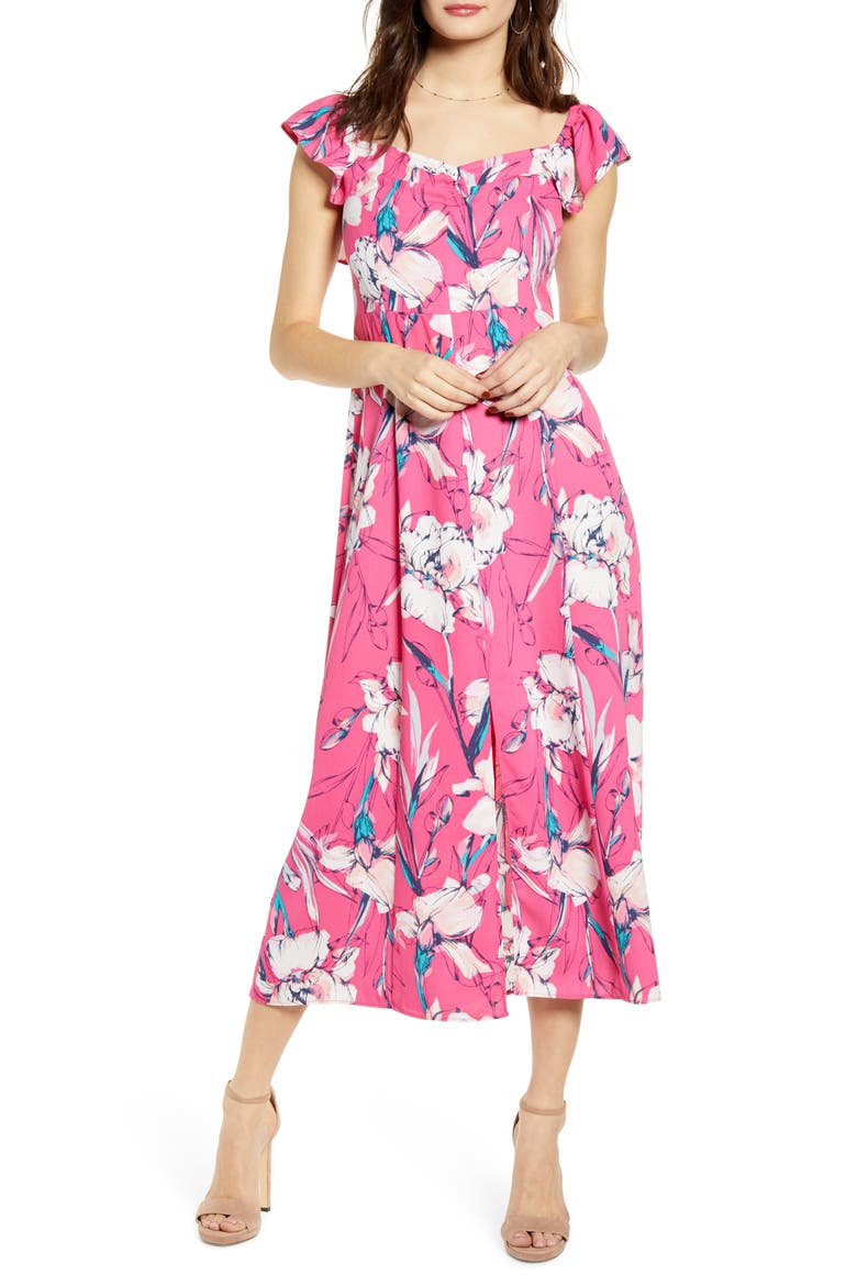 Floral Flounce Detail Dress, Alternate, color, PINK MAGENTA INKED IRIS
