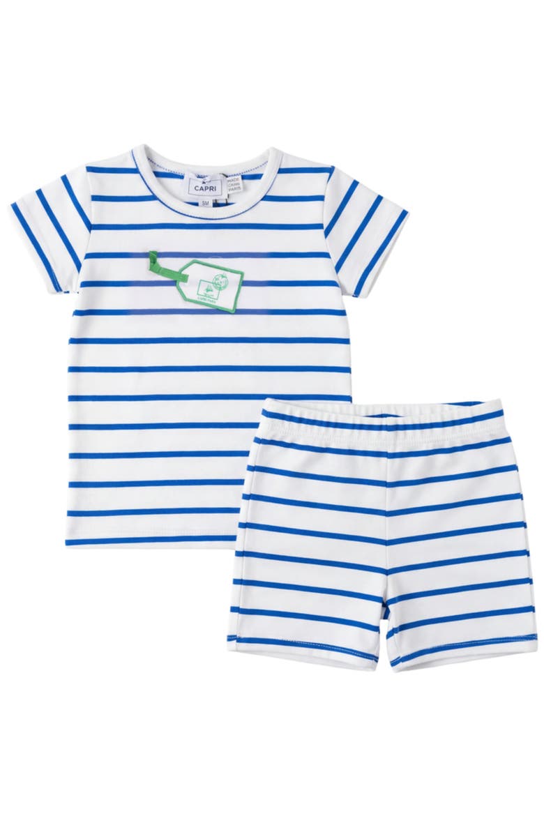 Boy Striped Tag Applique Stretch Cotton Spandex Top & Shorts 2 Piece Set, Main, color, White/Blue/Green