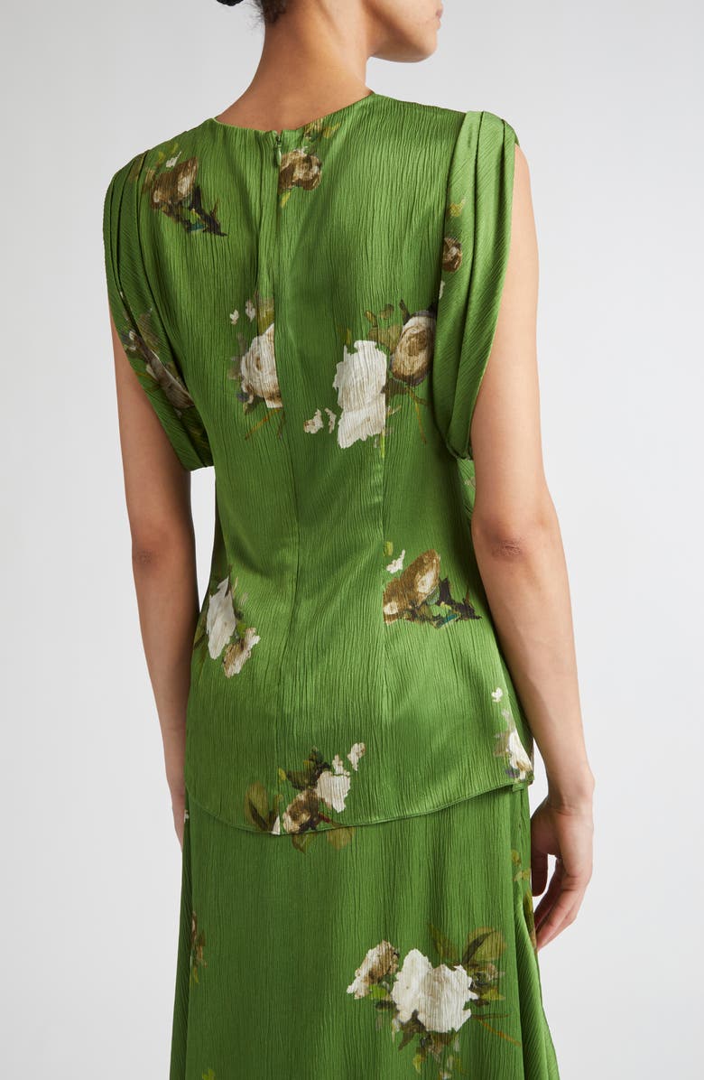 Erdem Painted Rose Print Crinkled Satin Top, Alternate, color, Painted Rose Bouquet Olive