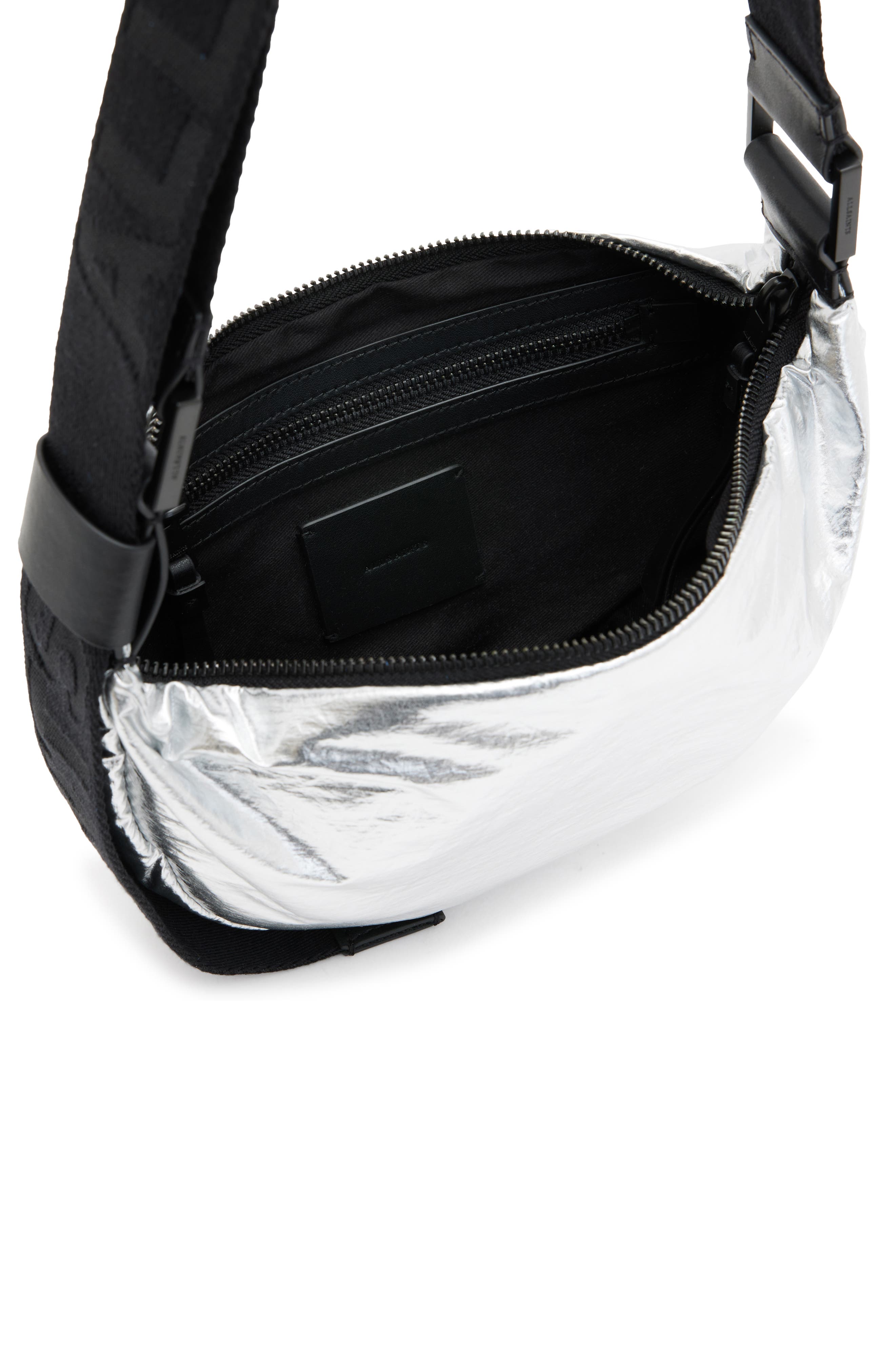 AllSaints Half Moon Metallic Nylon Crossbody Bag, Alternate, color, 