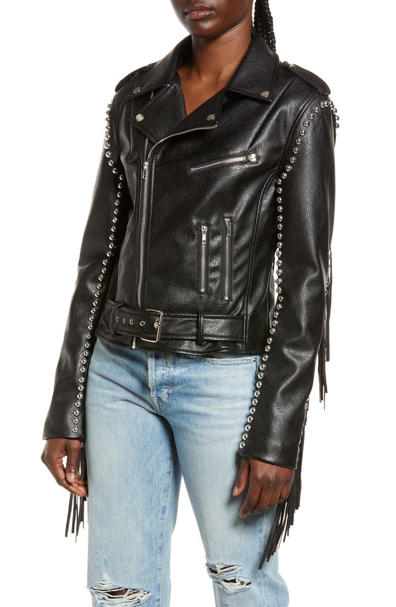 AZALEA WANG Fringe Faux Leather Moto Jacket, Alternate, color,