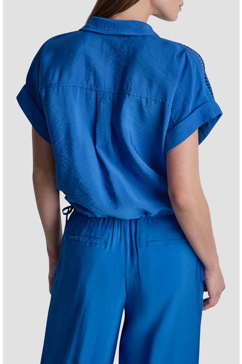 Ladder Lace Detail Short Sleeve Button-Up Shirt, Alternate, color, COBALT