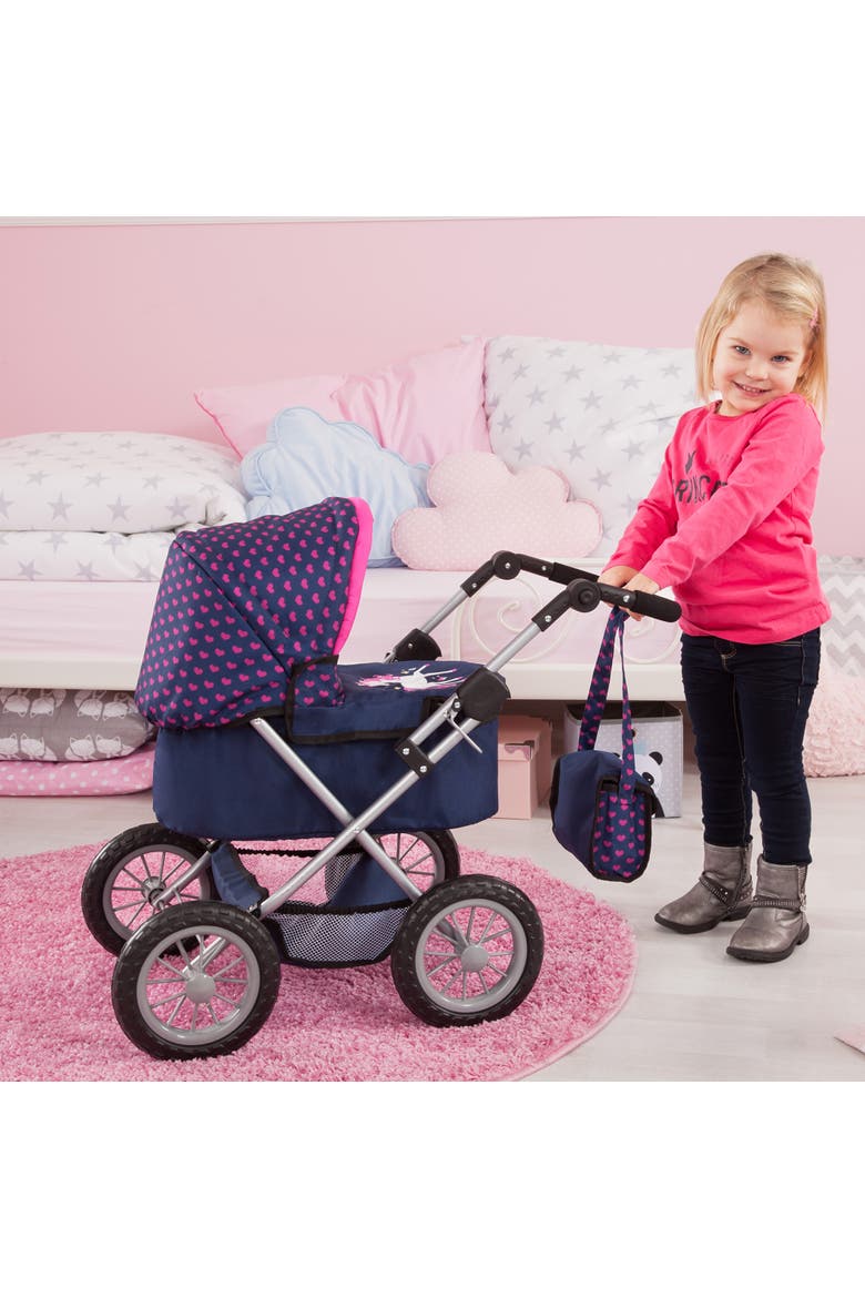 Trendy Pram Blue, Pink, Hearts Fits Dolls Up To 18 Inches, Alternate, color, Blue