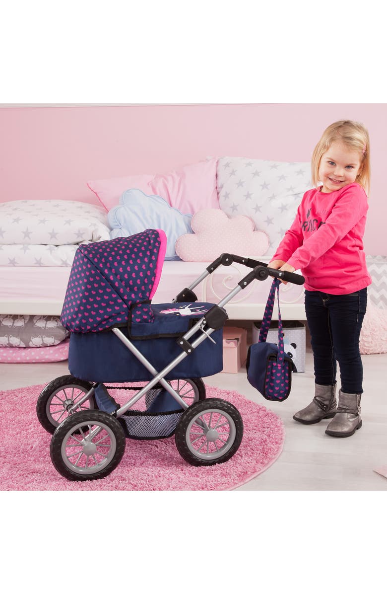 Bayer Design Trendy Pram Blue, Pink, Hearts Fits Dolls Up To 18 Inches, Alternate, color, Blue