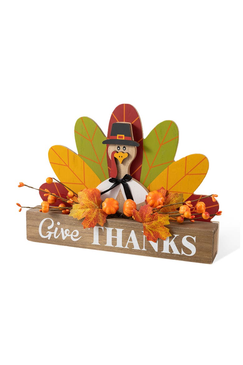 Thanksgiving Wooden Pilgrim or Turkey Table Block Sign, Main, color, Brown