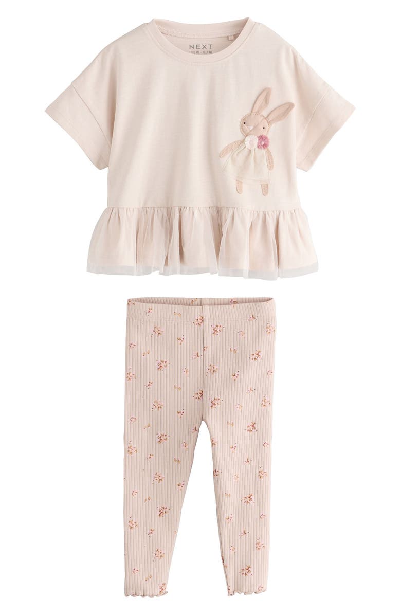 NEXT Kids' Bunny Appliqué Peplum T-Shirt & Rib Leggings Set, Main, color, Pink