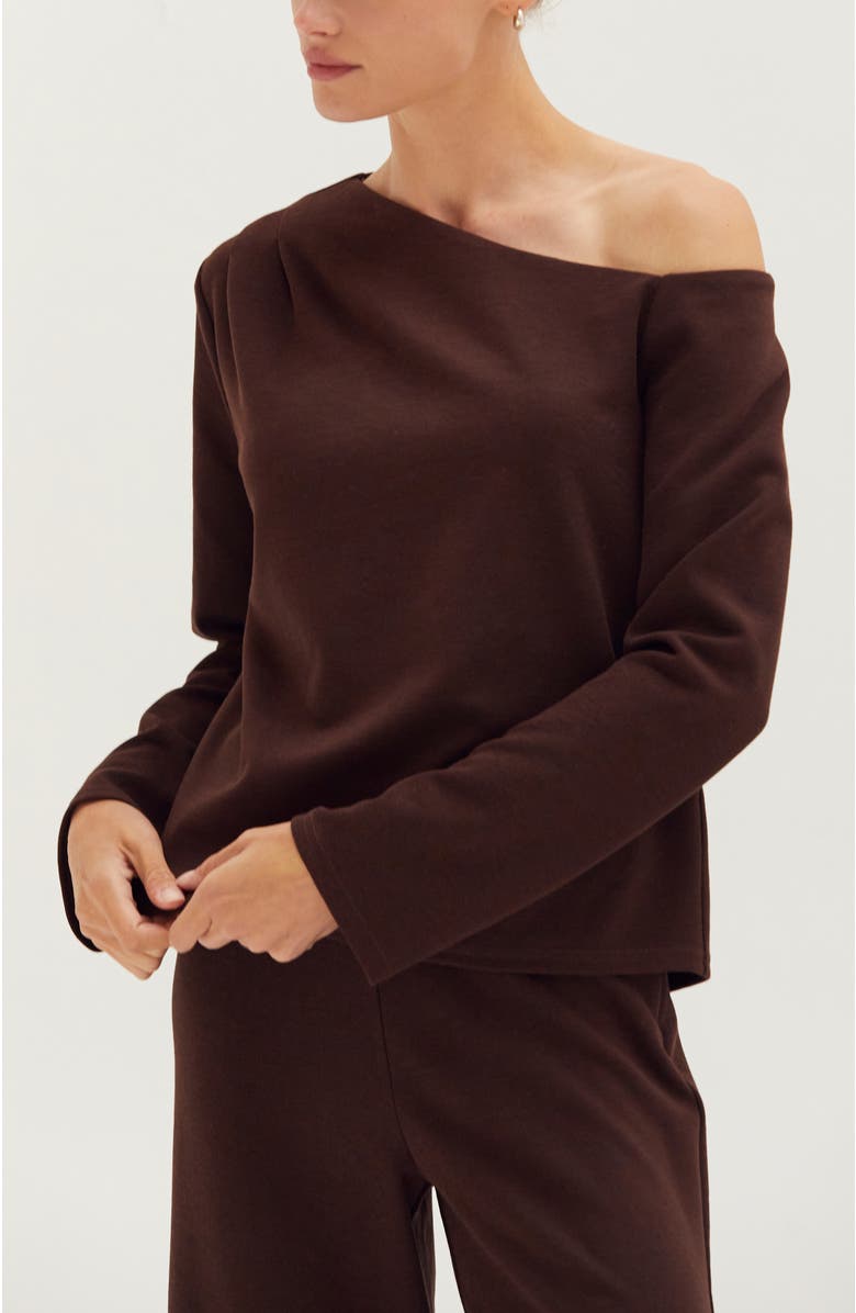 CRESCENT One Shoulder Top & Flowy Pants Two Piece Set, Alternate, color, Espresso