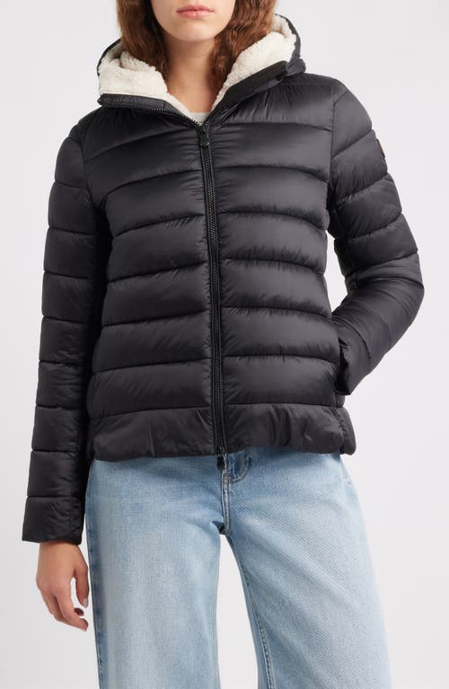 Save The Duck Gretel Faux Shearling Lining Hooded Puffer Jacket In Black
