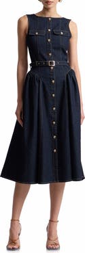 Avec Les Filles Belted Sleeveless Denim Dress
