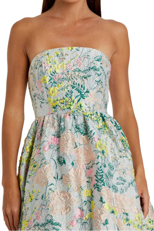 Mac Duggal Floral Brocade Strapless A Line Gown In Pastel Multi