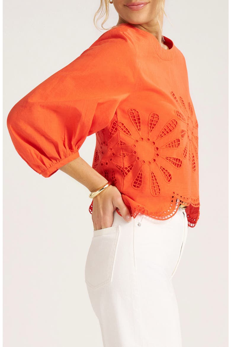 Indie Eyelet Bubble Sleeve Top, Alternate, color, TOMATO