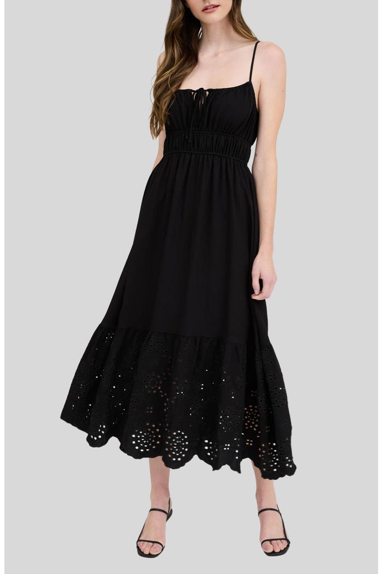 Embroidered Eyelet Empire Waist Midi Dress, Main, color, BLACK