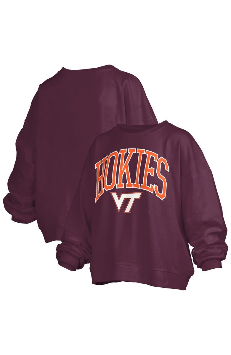 PRESSBOX Women's Pressbox Maroon Virginia Tech Hokies Janise Arch Over Logo Waist Length Oversized Pullover Sweatshirt, Main, color, Maroon