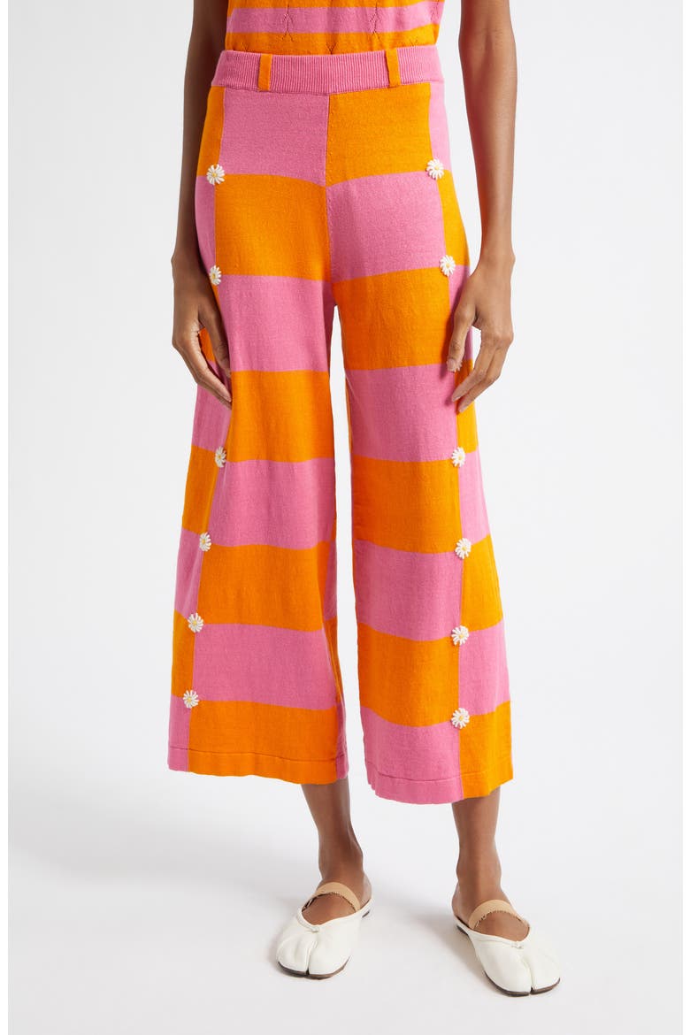 Daisy Intarsia Check Linen Blend Wide Leg Pants, Main, color, CANDY/ ORANGE