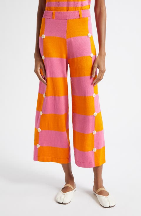 Daisy Intarsia Check Linen Blend Wide Leg Pants