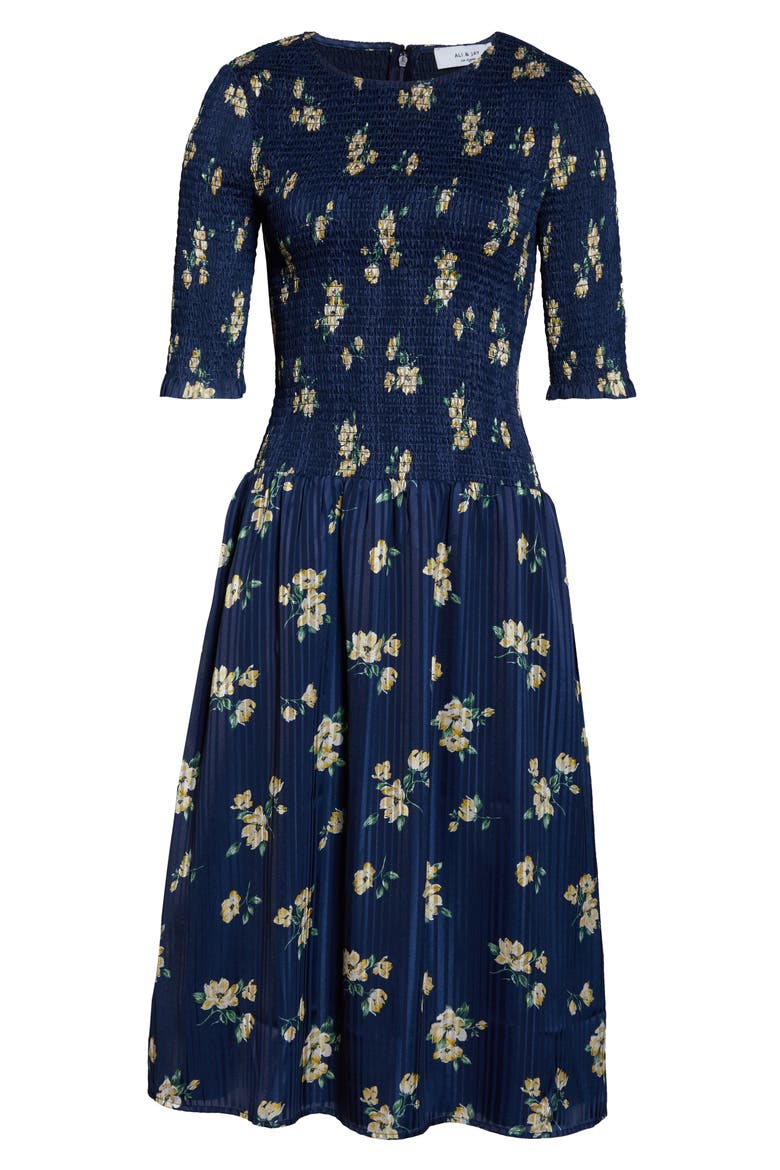 Barnsdall Floral Smocked Midi Dress, Alternate, color, NAVY FLORAL