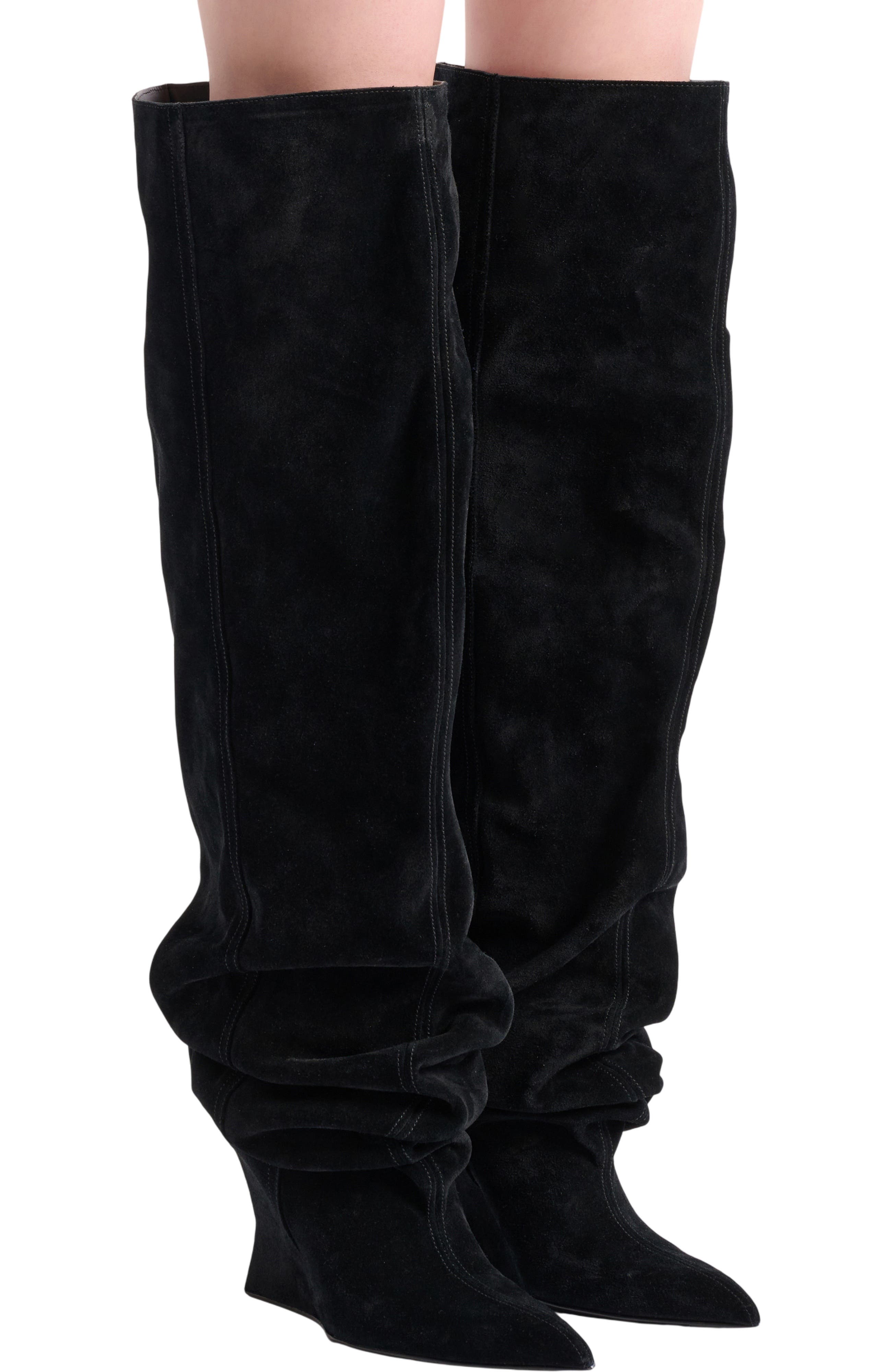 Suede leather Wedge thigh-high boots, Alternate, color, black