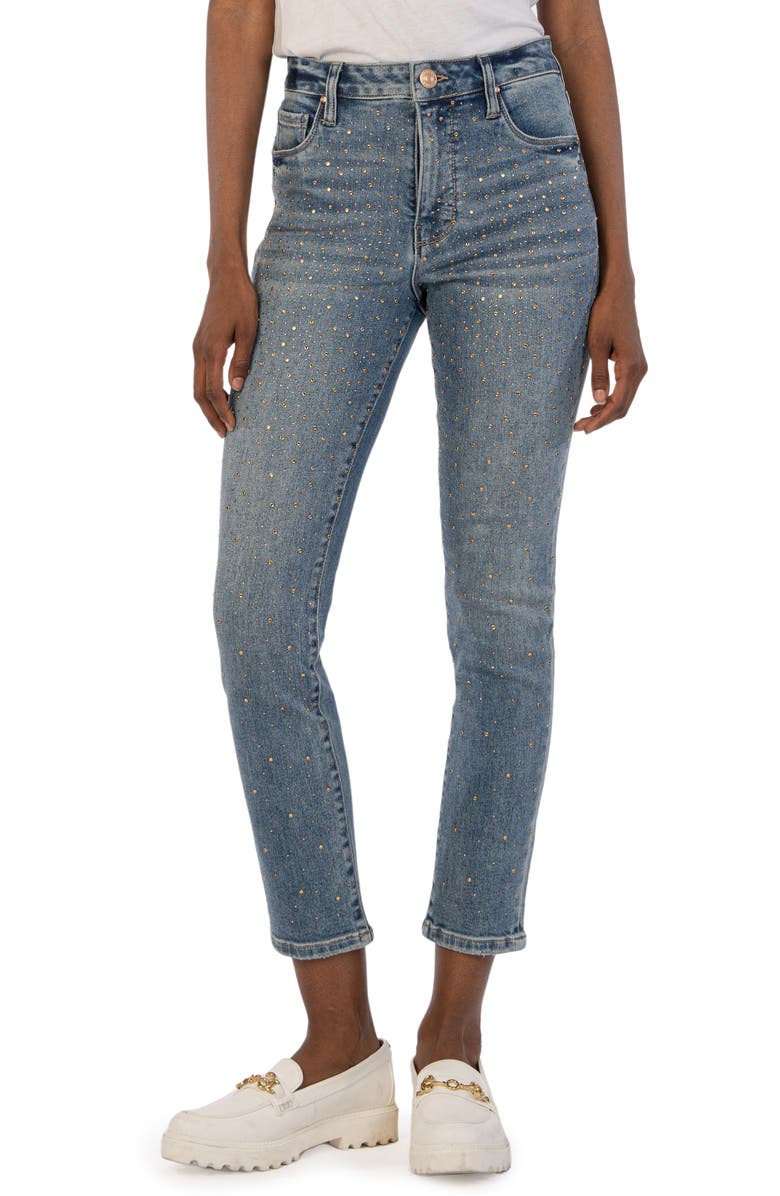 KUT from the Kloth Reese Fab Ab Rhinestone High Waist Ankle Slim Straight Leg Jeans, Main, color, 