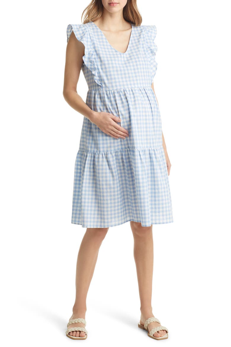 Gingham Tiered Cotton Maternity/Nursing Dress, Main, color, BLUE