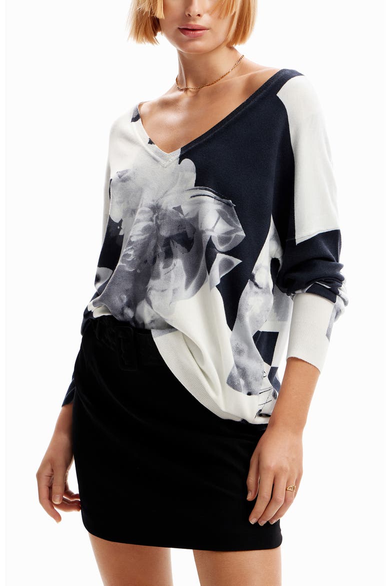 Floral Print Sweater, Alternate, color, WHITE