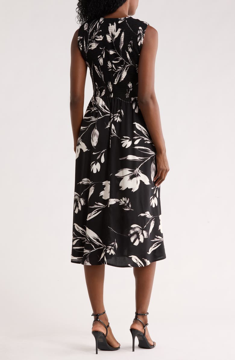 Calvin Klein Smocked Sleeveless Fit & Flare Midi Dress, Alternate, color, Black Cream