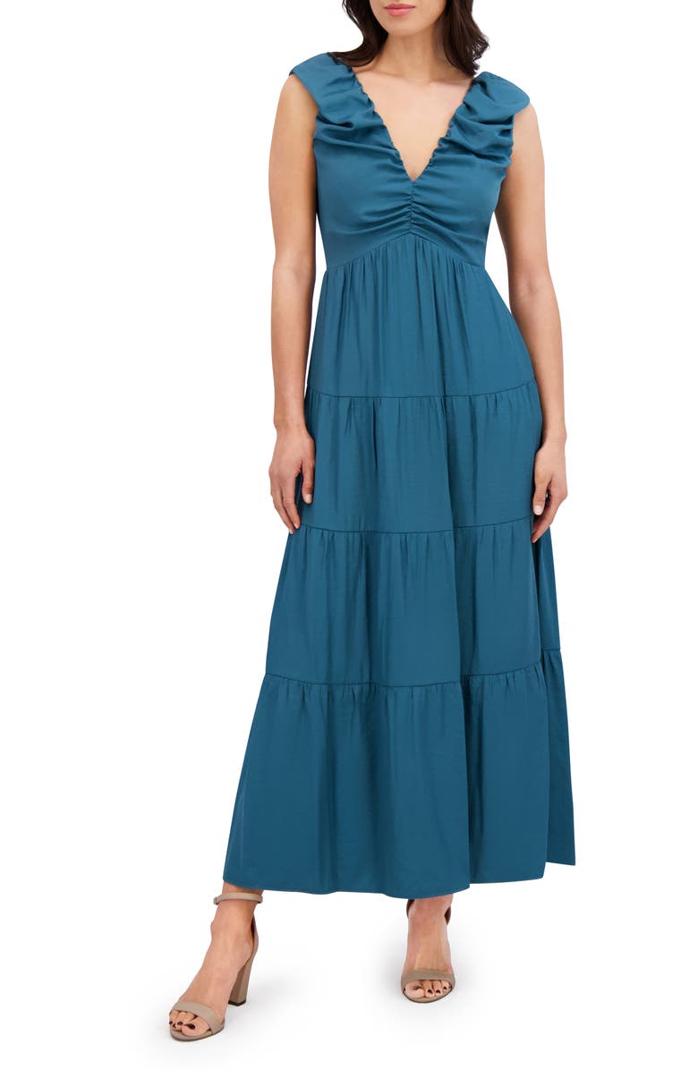 Siena Ruched Fit & Flare Maxi Sundress, Main, color, Teal