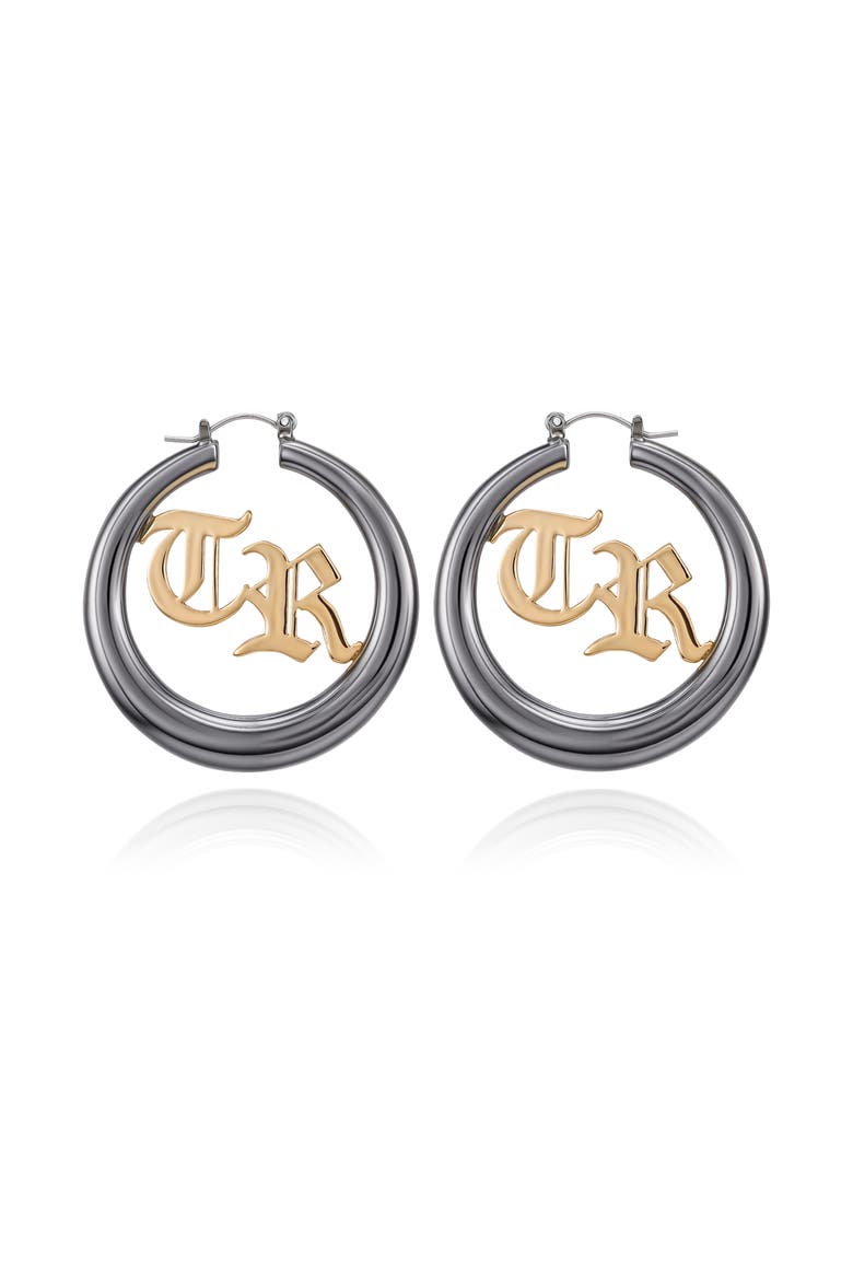 TR Logo Hoop Earrings, Alternate, color, Black Tone
