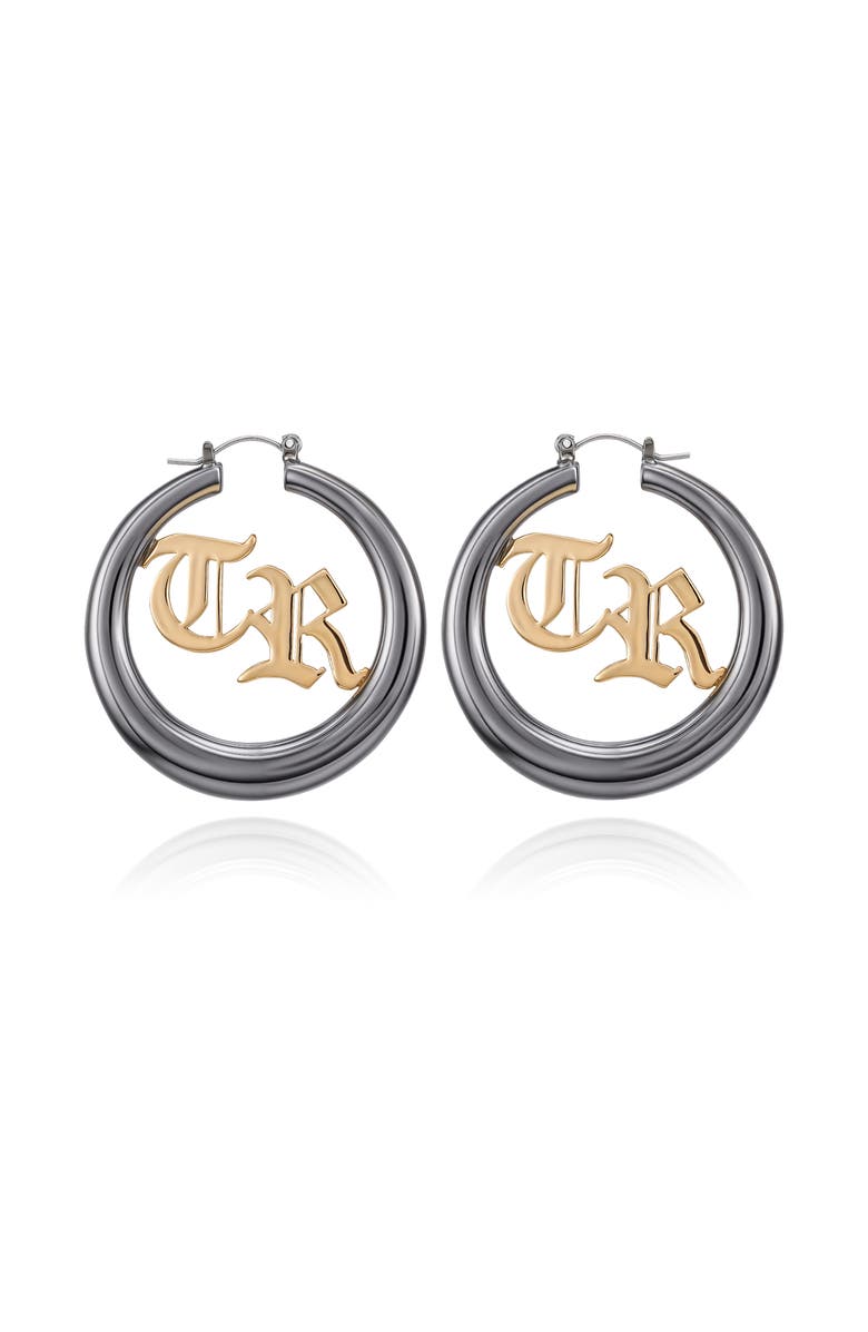 True Religion TR Logo Hoop Earrings, Alternate, color, Black Tone