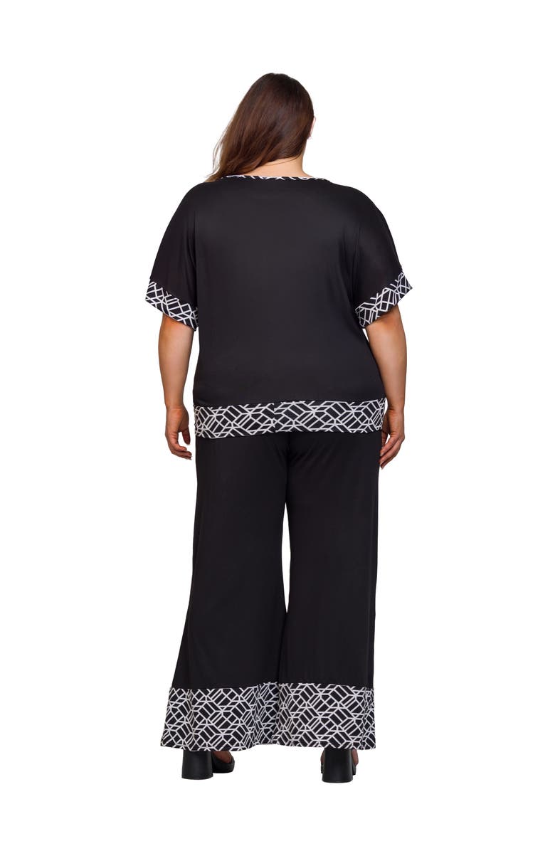 24seven Comfort Apparel Plus Size Black Two Piece Pant Set with Geometric Print Trim, Alternate, color, Black