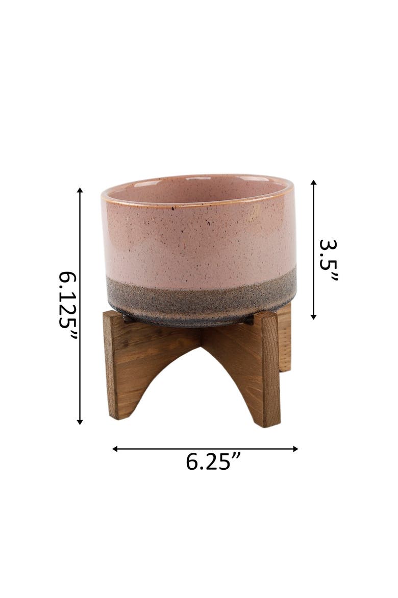 Pink Ceramic Lava Pot on Wood Stand, Alternate, color, PINK