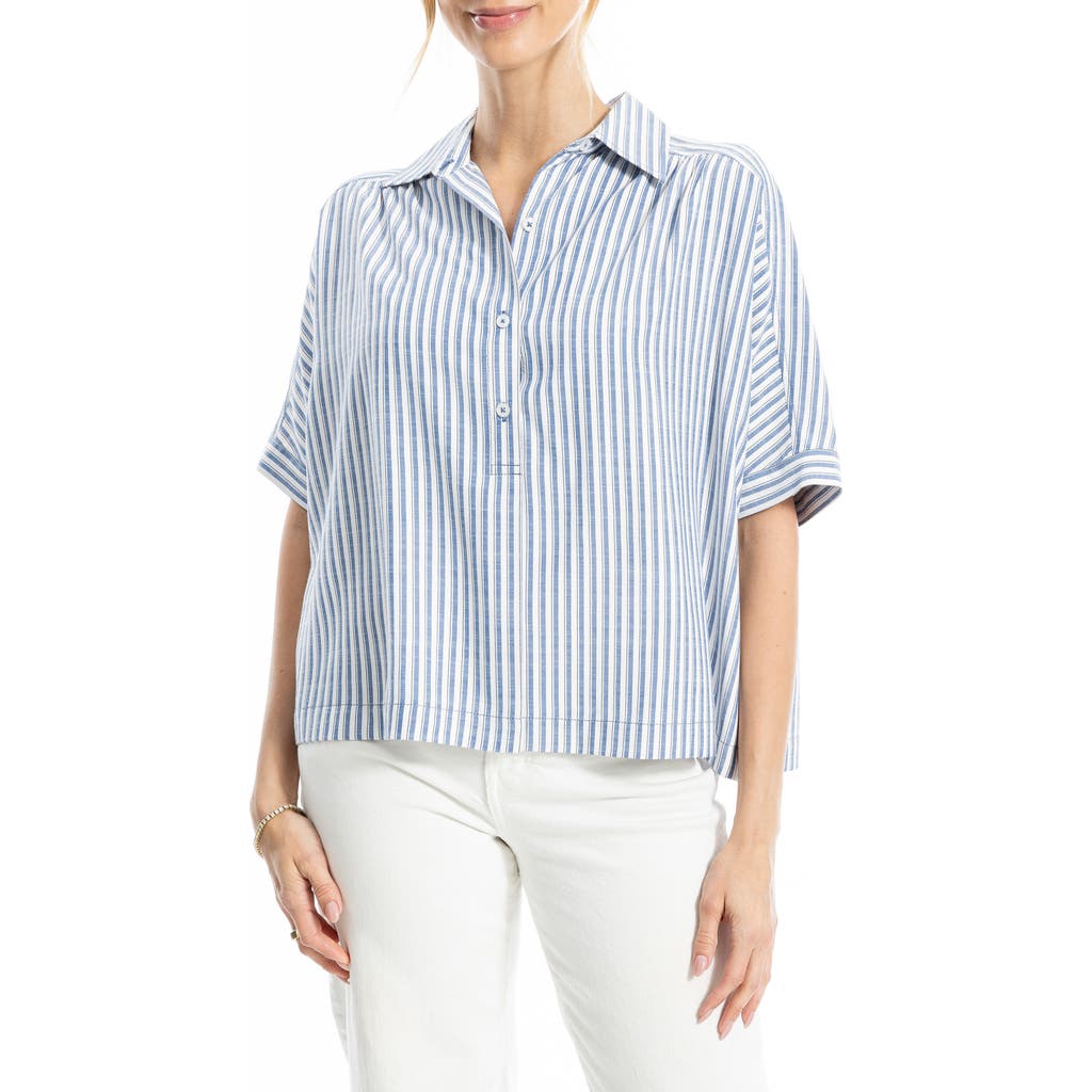 Max Studio Stripe Elbow Sleeve Button-up Shirt In Blue