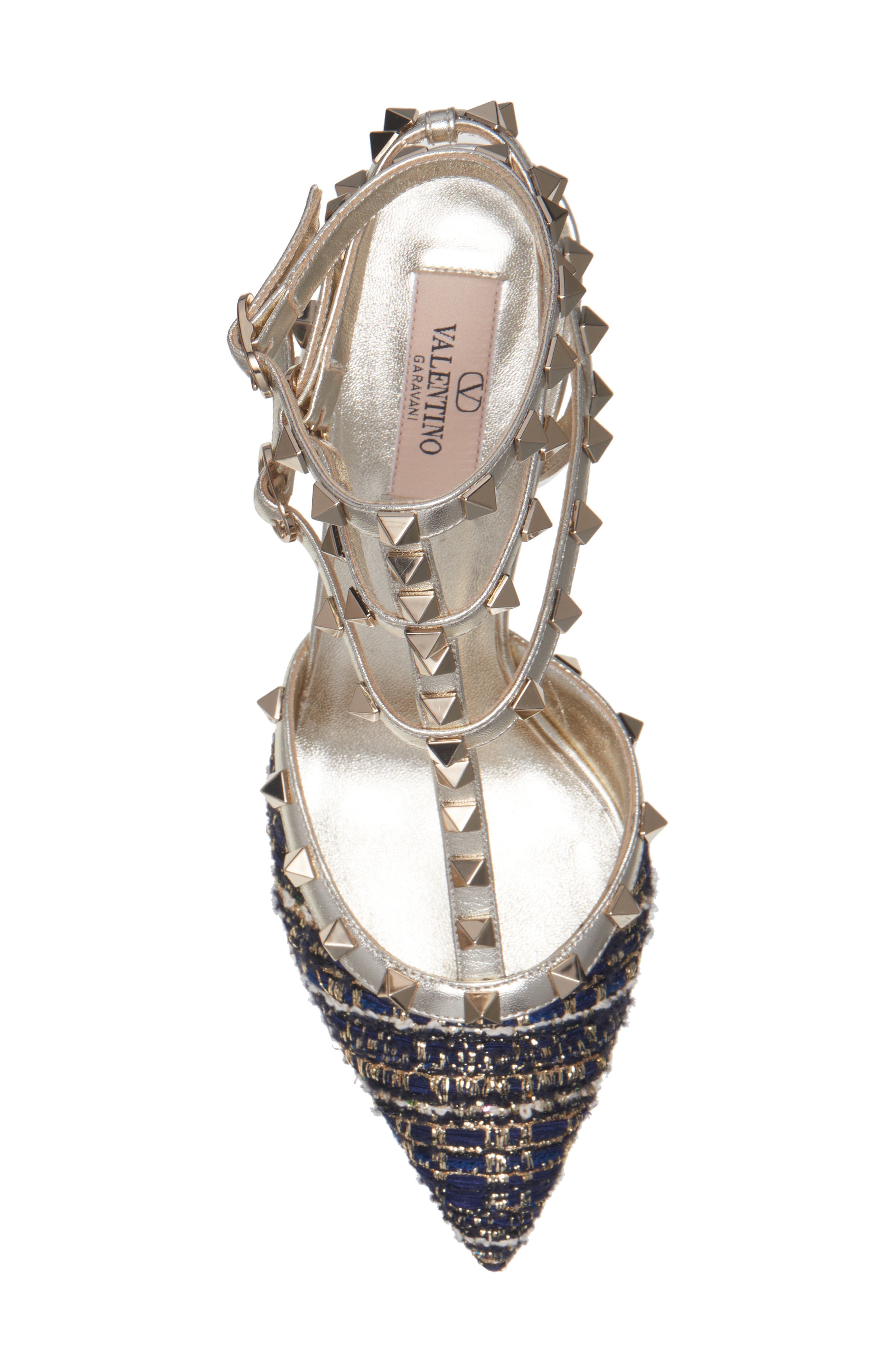 Valentino Garavani Rockstud Metallic Tweed T-Strap Pointed Toe Pump, Alternate, color, 