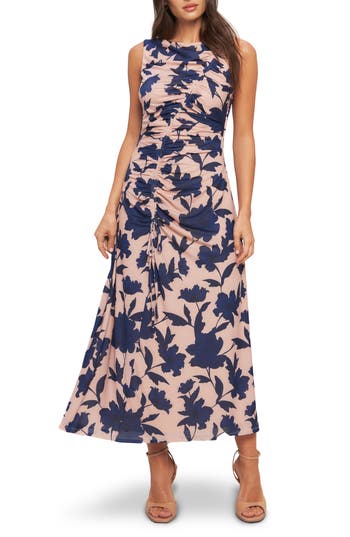 Flying Tomato Floral Sleeveless Ruched Mesh Maxi Dress In Blue