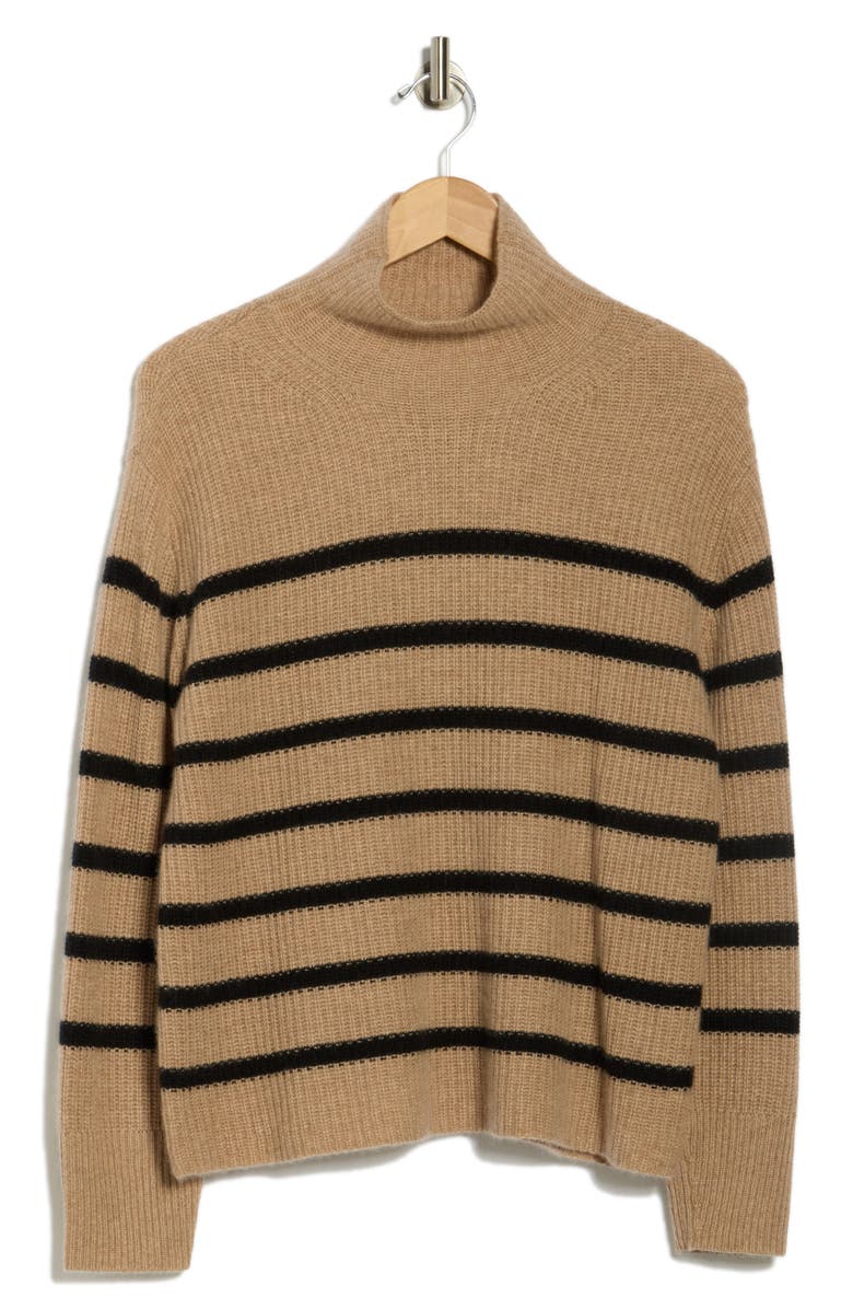 Nordstrom Cashmere Stripe Mock Neck Ribbed Sweater, Alternate, color, Tan Camel Heather Black Stripe