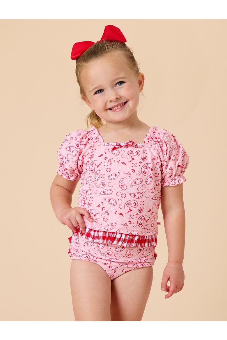 Upf50+ Puff Sleeve Ruffle Tankini 2-piece Swimsuit, Alternate, color, Pink Bandana