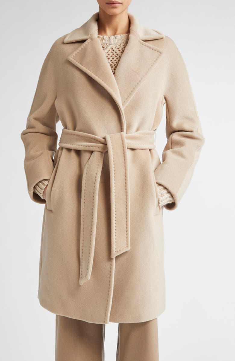 Max Mara Studio Scire Belted Virgin Wool Wrap Coat, Main, color, Beige