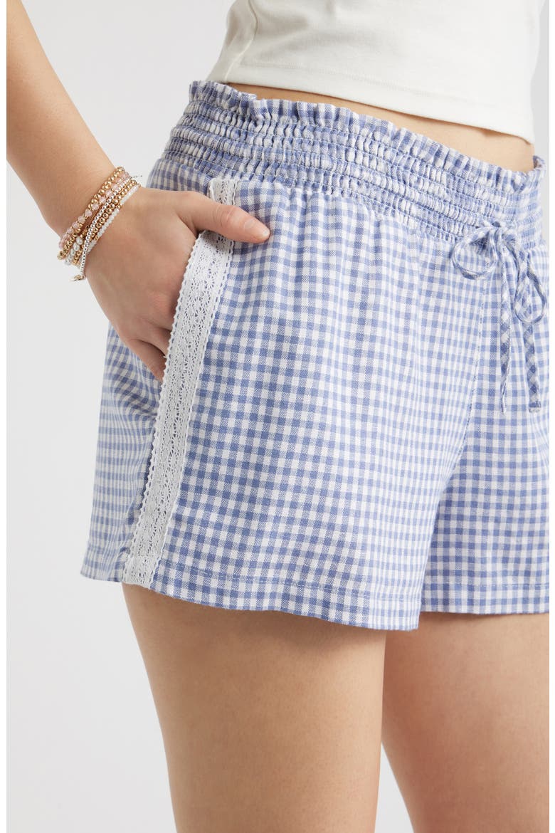 Linen Blend Lace Trim Shorts, Alternate, color, BLUE- WHITE DEMI GINGHAM