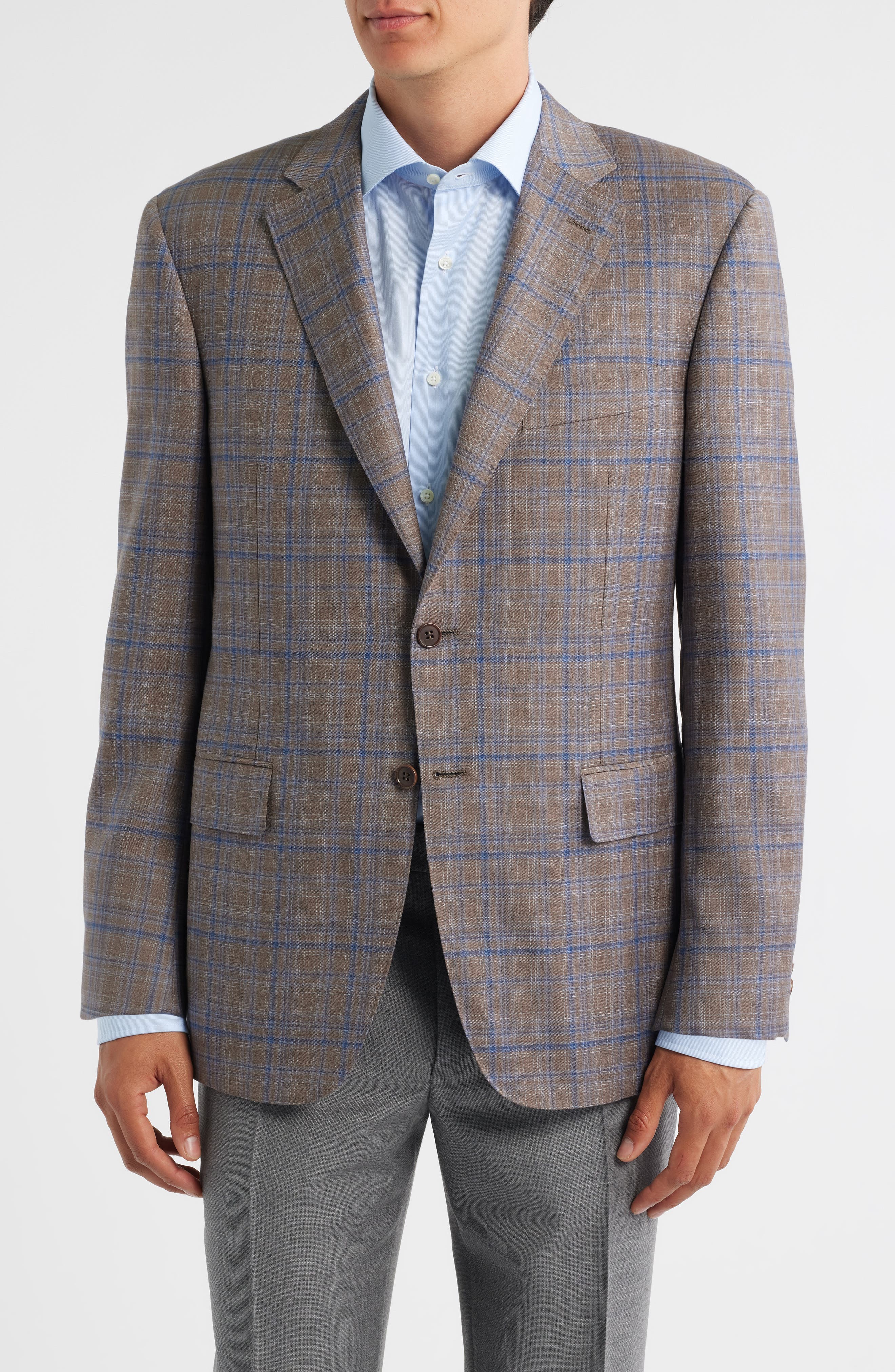 Canali Siena Regular Fit Brown & Blue Plaid Wool Sport Coat