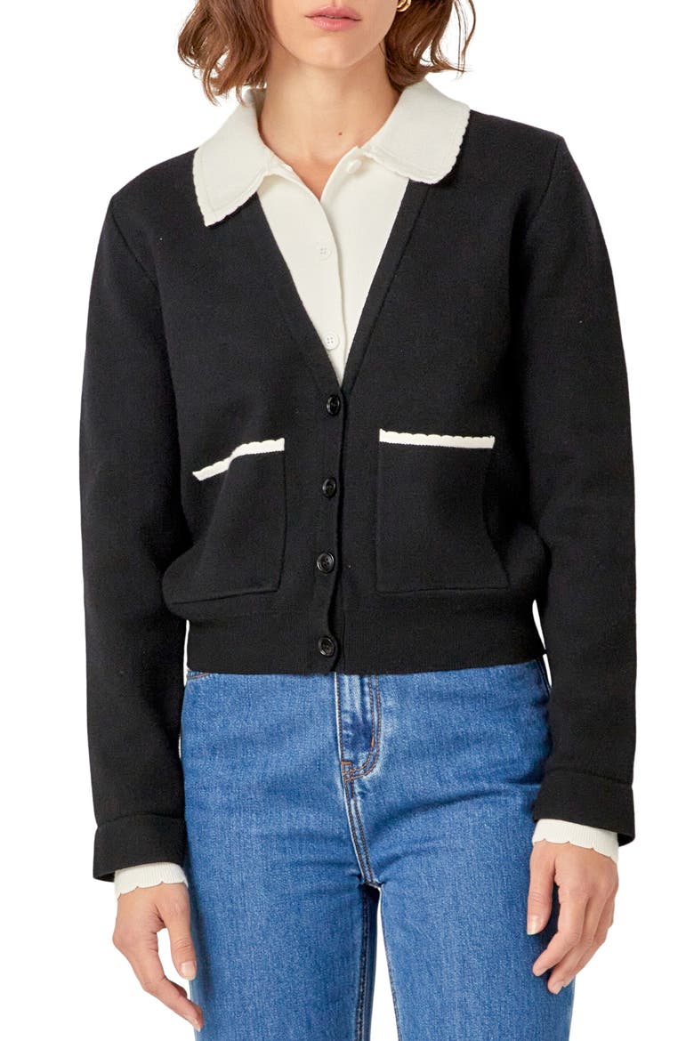 Scallop Detail Cardigan, Main, color, BLACK/WHITE