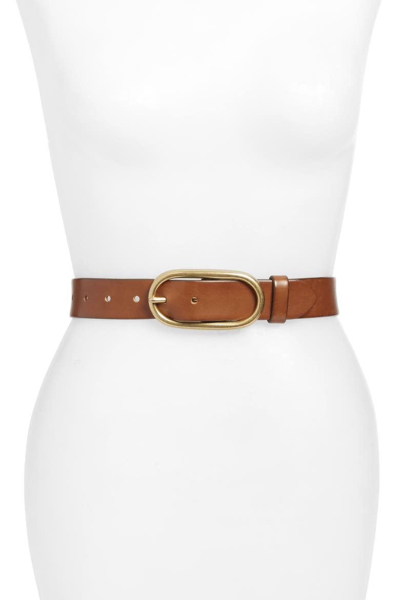 Oval Buckle Leather Belt, Main, color, COGNAC