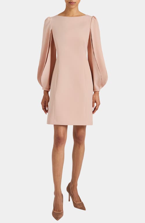 Santorelli Arana Shift Dress With Pleated Bishop Sleeves In Stretch Crepe In Neutral