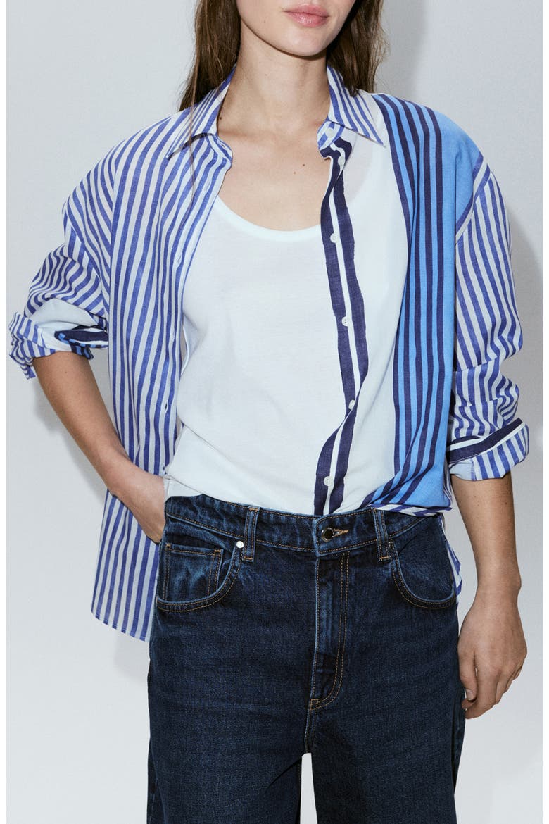 Stripe Cotton Button-Up Shirt, Main, color, BLUE
