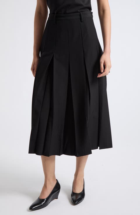Pleated Virgin Wool Blend Midi Skirt