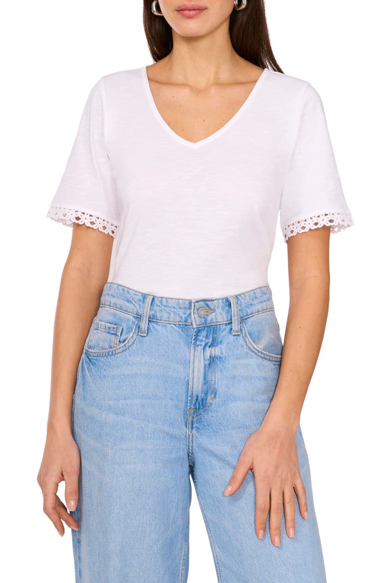 Lace Trim V-Neck Cotton T-Shirt, Main, color, ULTRA WHITE