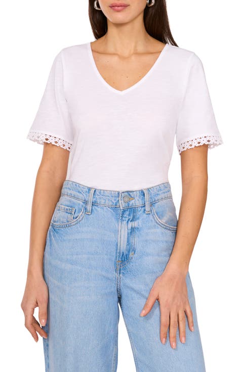 Lace Trim V-Neck Cotton T-Shirt